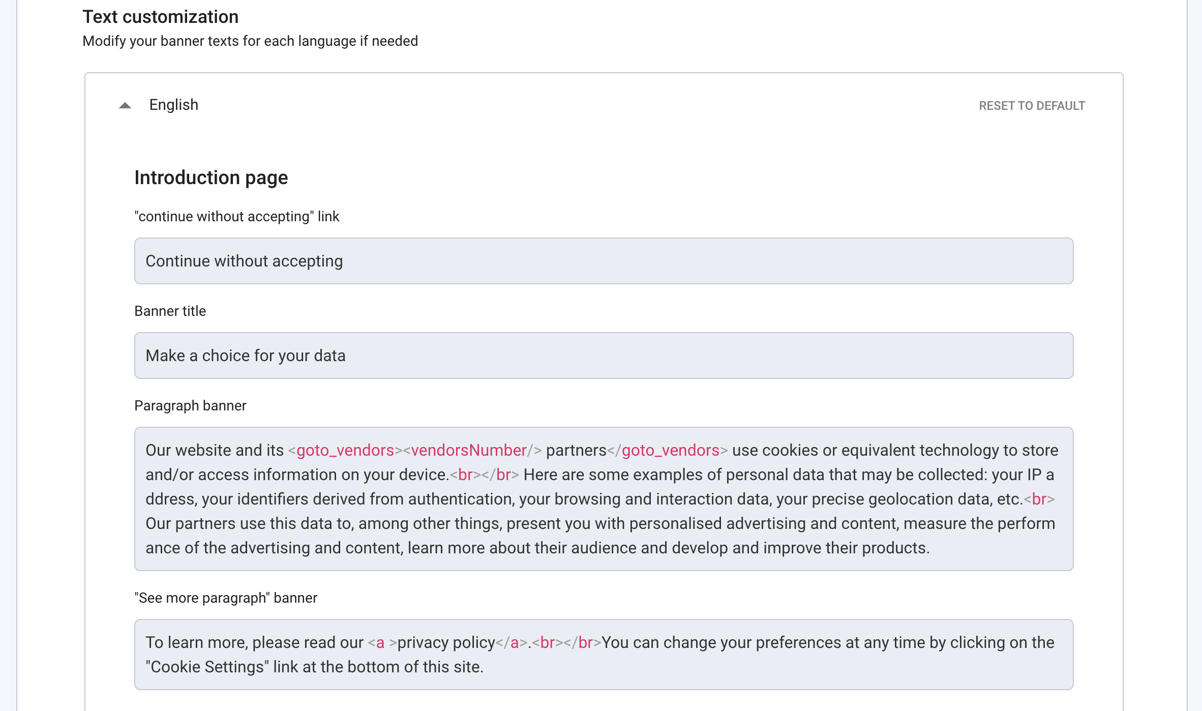 Add notice Text translation privacy policy link