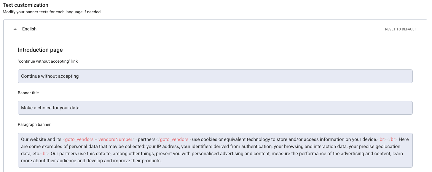 Add notice Text translation privacy policy link