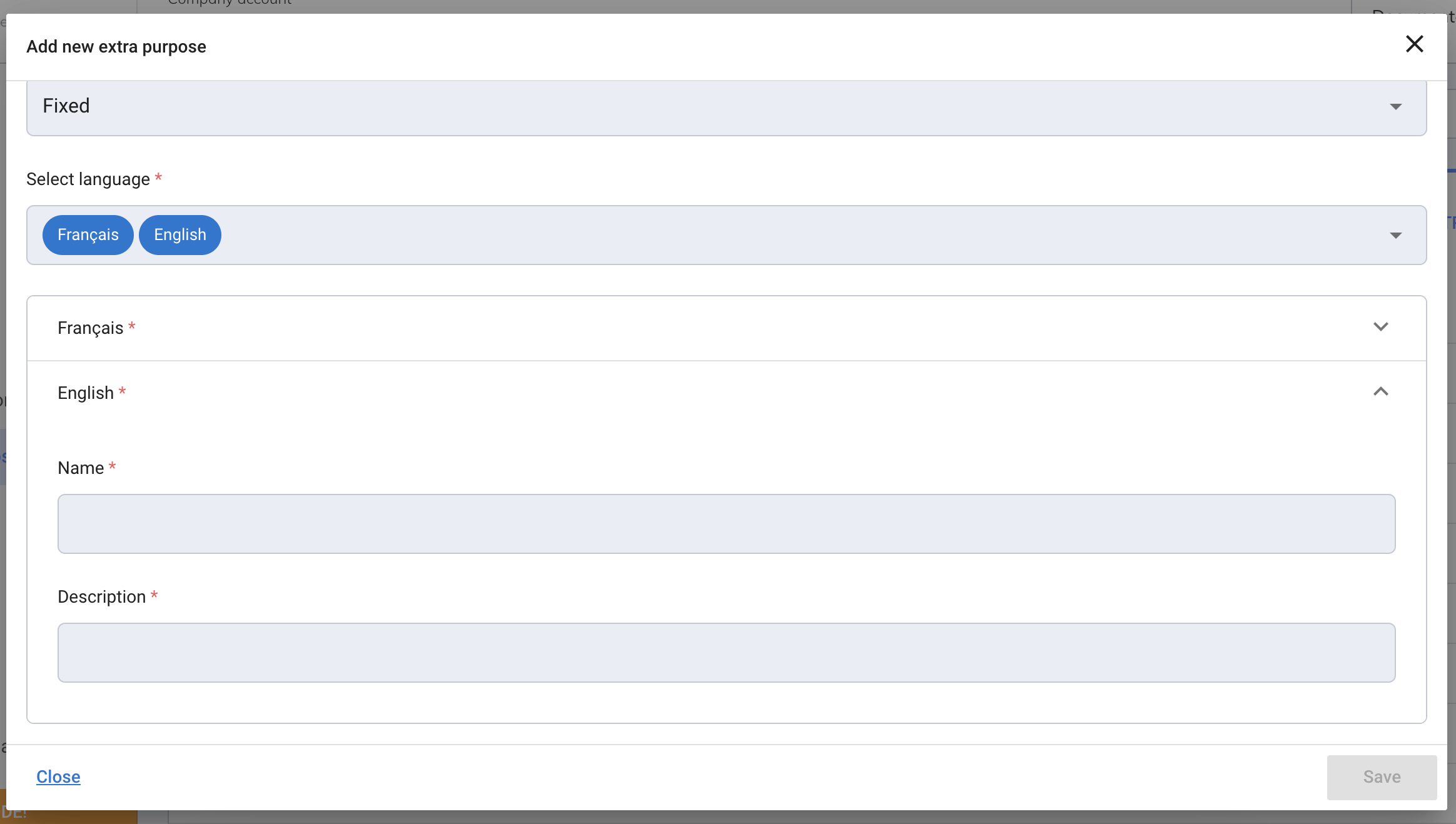 Add extra purpose Select language field