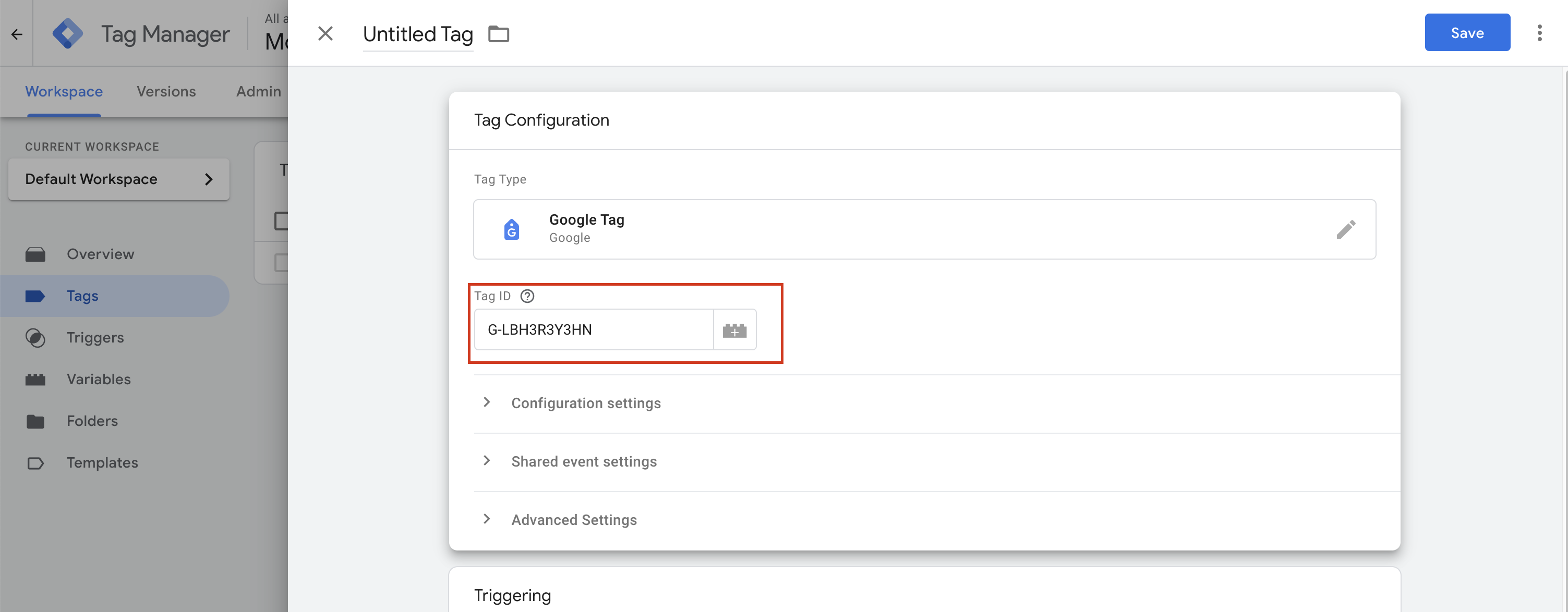 Google Analytics paste measurement id into tag