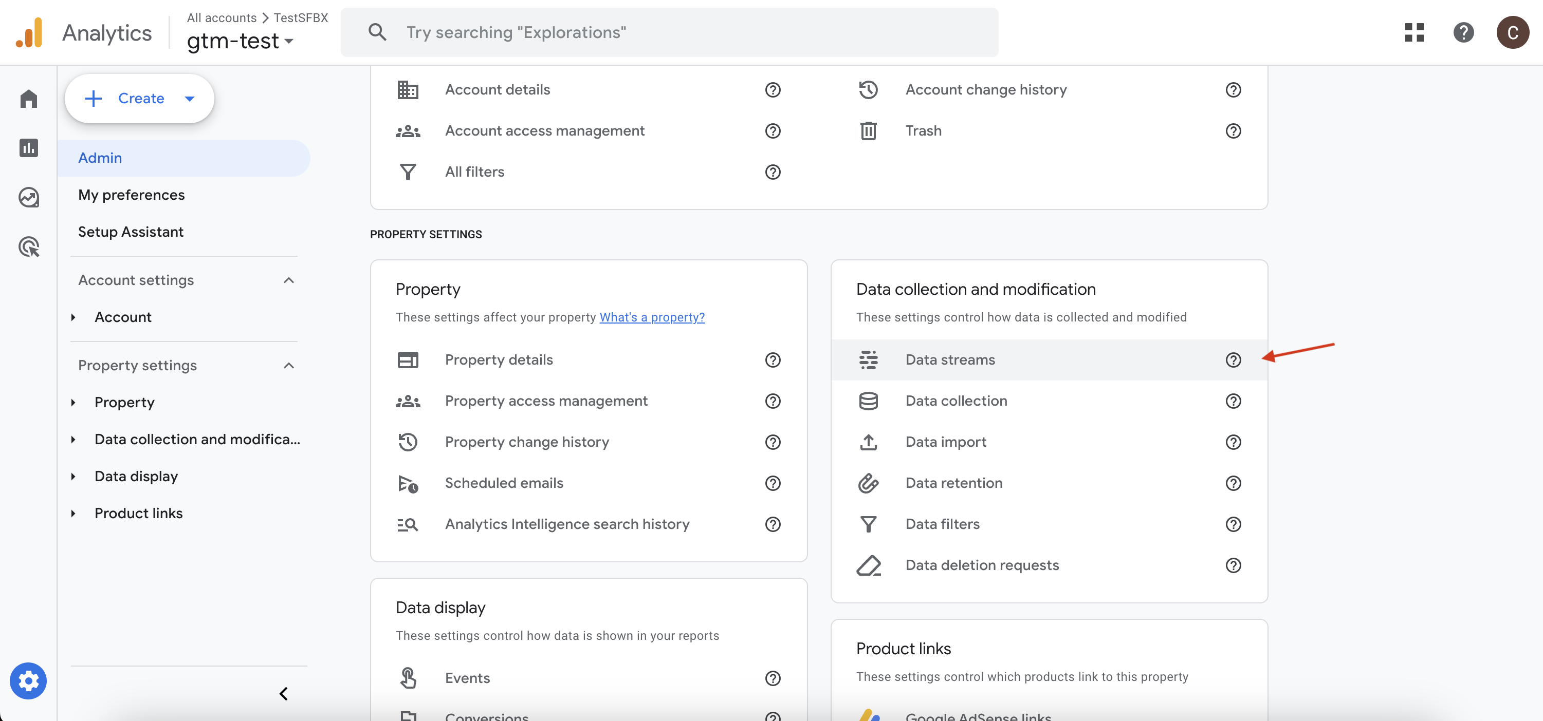 Google Analytics data streams menu