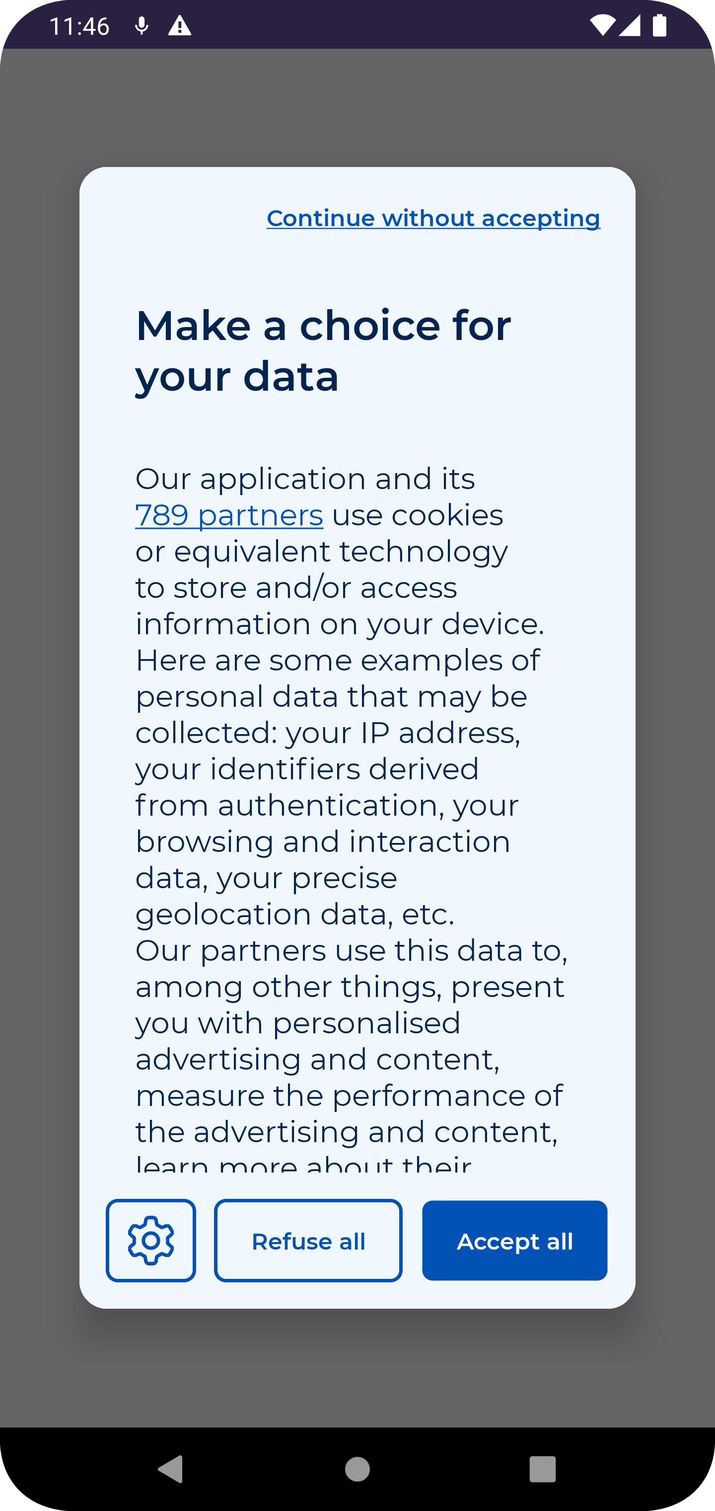 Example of rendering with buttons aligned horizontally and CMP in popup mode