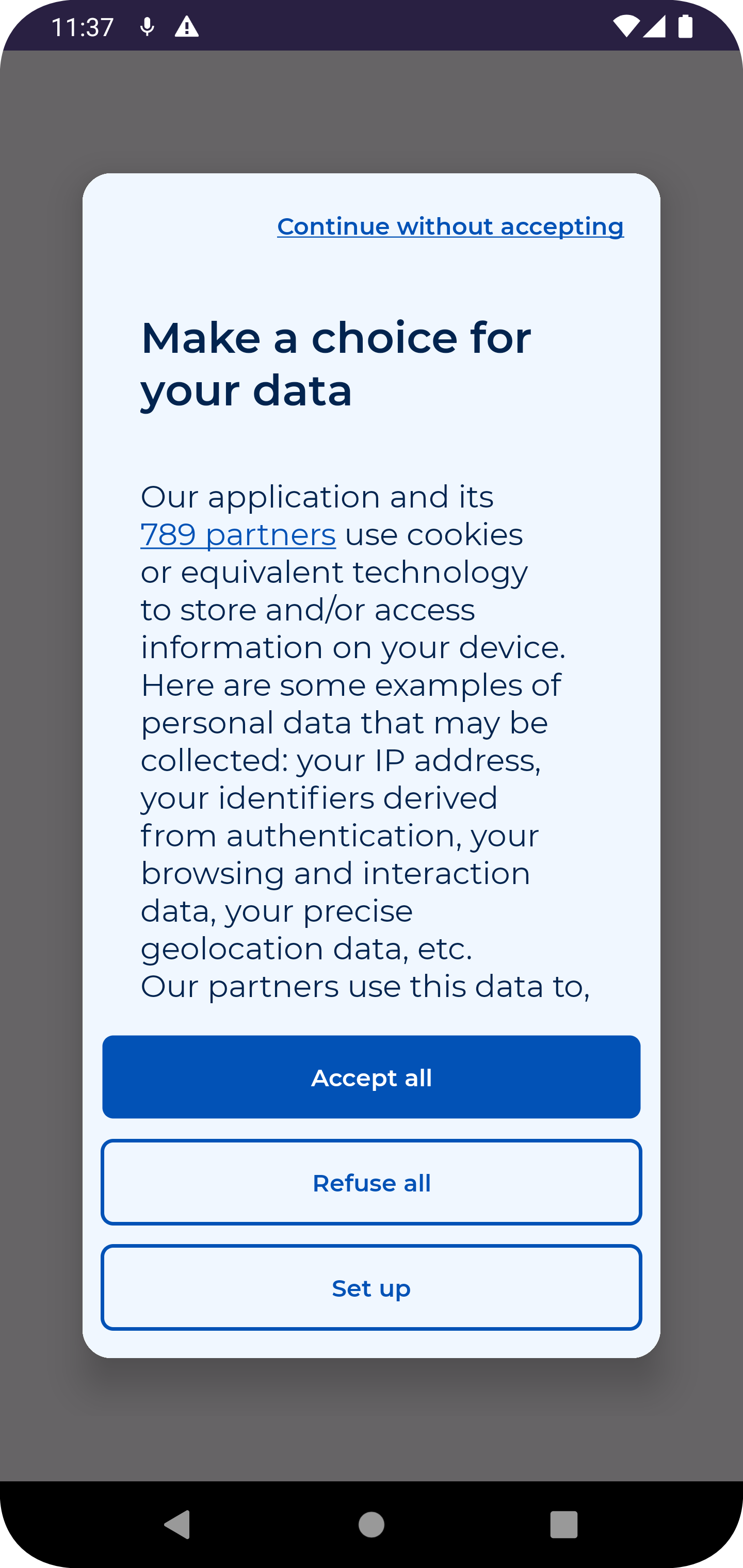 Example of rendering with vertically aligned buttons and CMP in popup mode