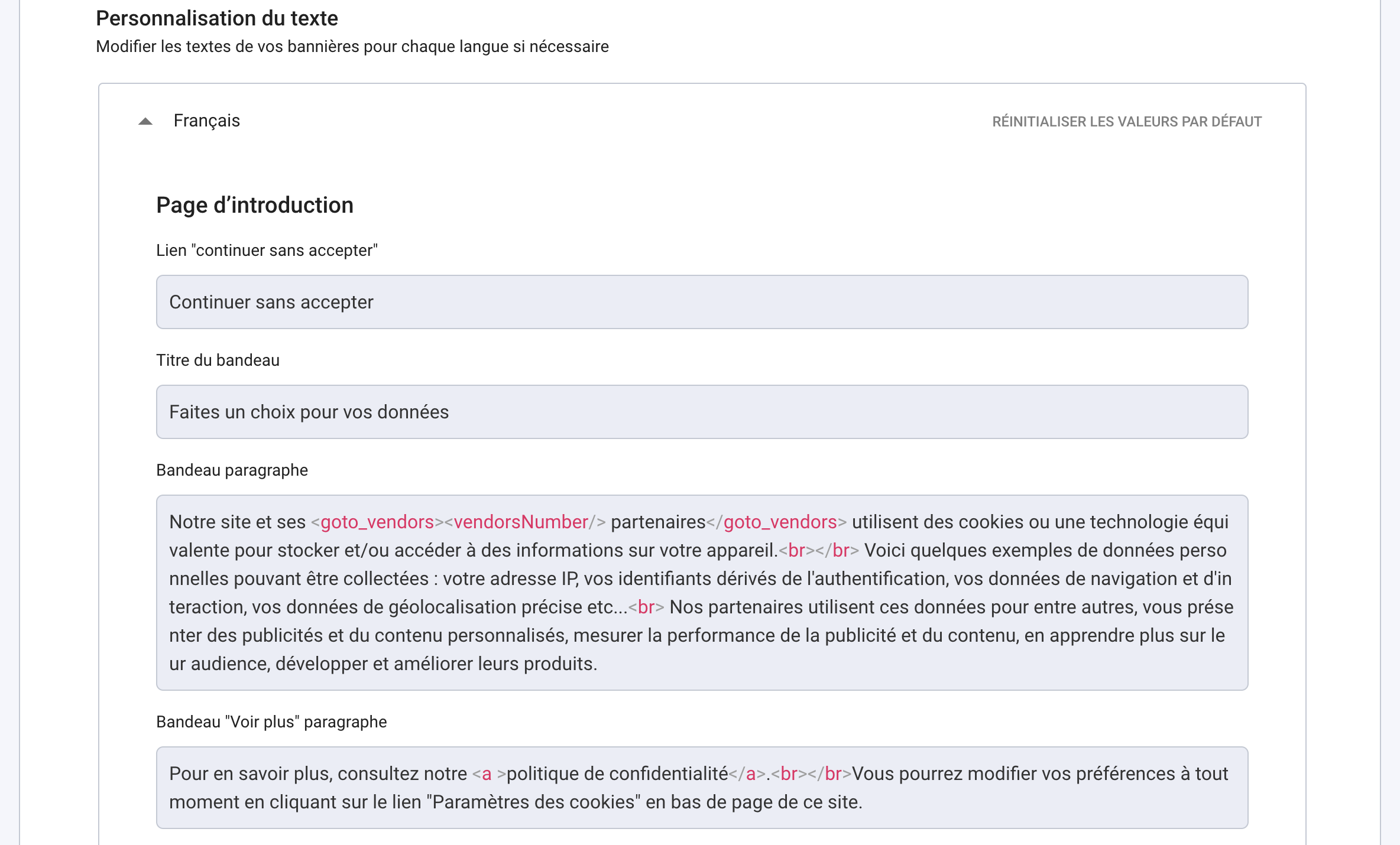Add notice Text translation privacy policy link