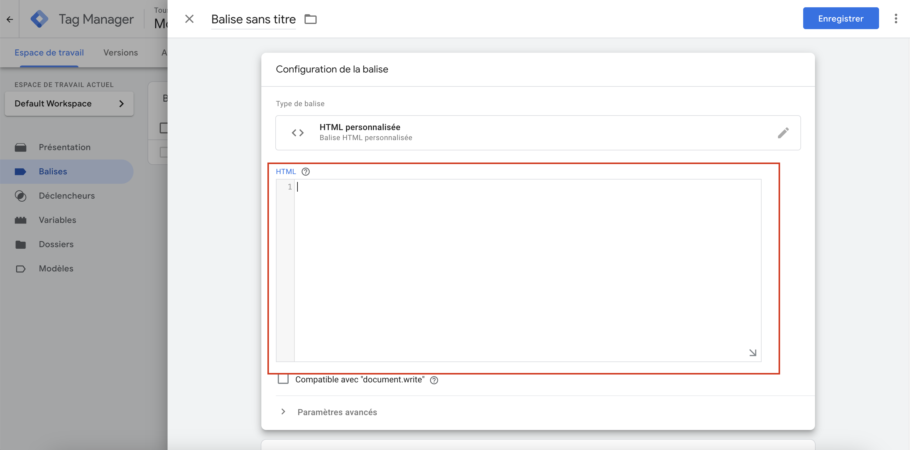 Google Tag Manager code html du vendor