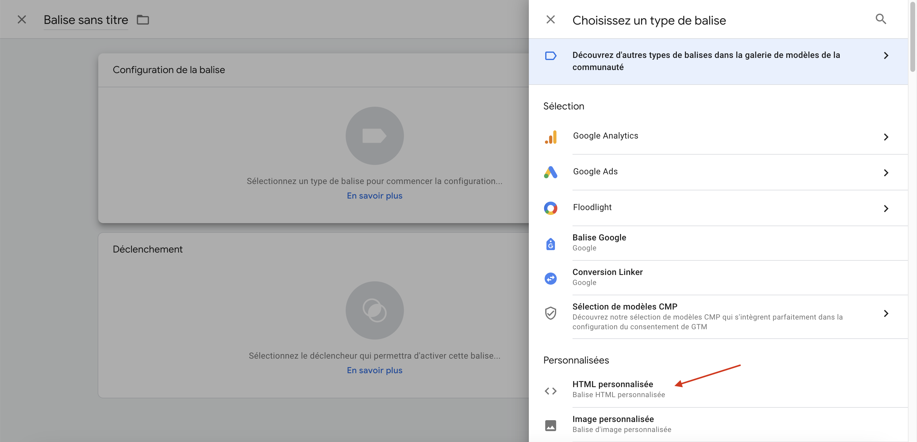 Google Tag Manager selection de html personnalisée