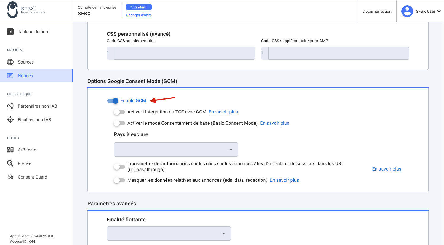 Google Analytics enableGCM dans la configuration de la notice