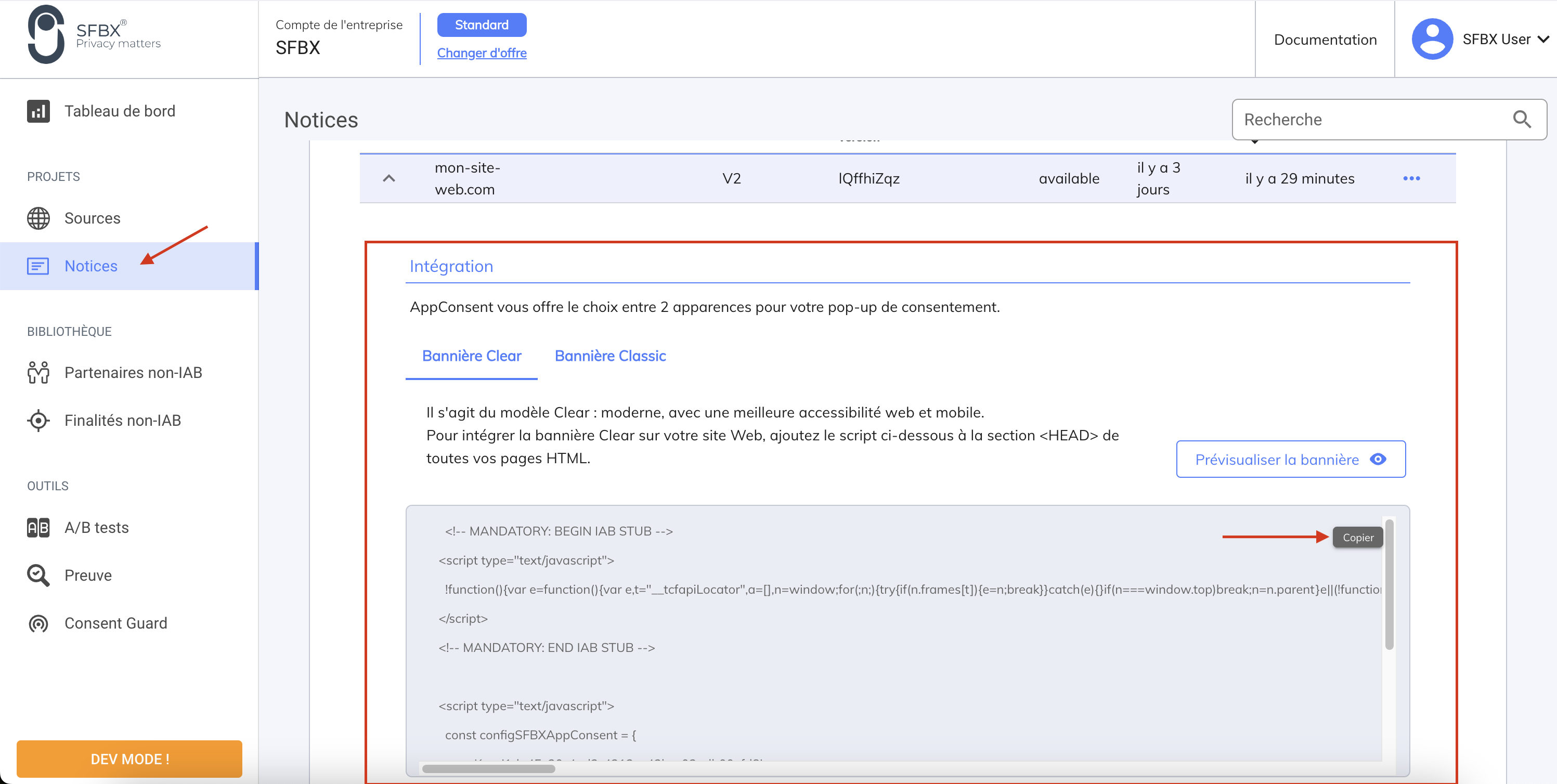 Quick start copie code